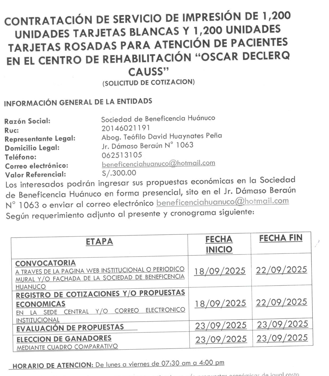 CONTRATACIÓN DE SERVICIO DE IMPRESIÓN DE 1,200 UNIDADES TARJETAS BLANCAS Y 1,200 UNIDADES TARJETAS ROSADAS PARA ATENCIÓN DE PACIENTES EN EL CENTRO DE REHABILITACIÓN “OSCAR DECLERQ CAUSS”