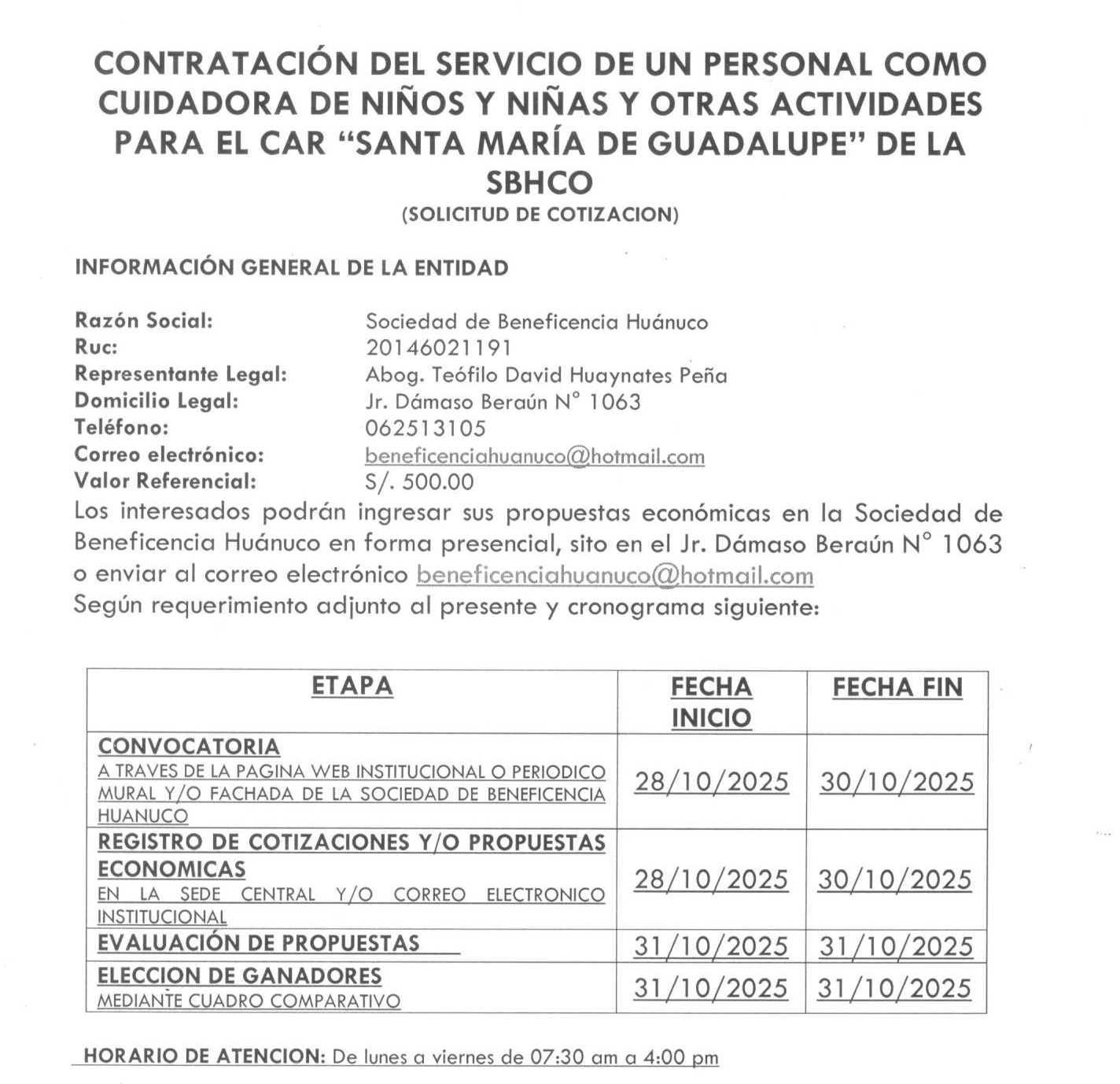 CONTRATACIÓN DEL SERVICIO DE UN PERSONAL COMO CUIDADORA DE NIÑOS Y NIÑAS Y OTRAS ACTIVIDADES PARA EL CAR “SANTA MARÍA DE GUADALUPE” DE LA SBHCO