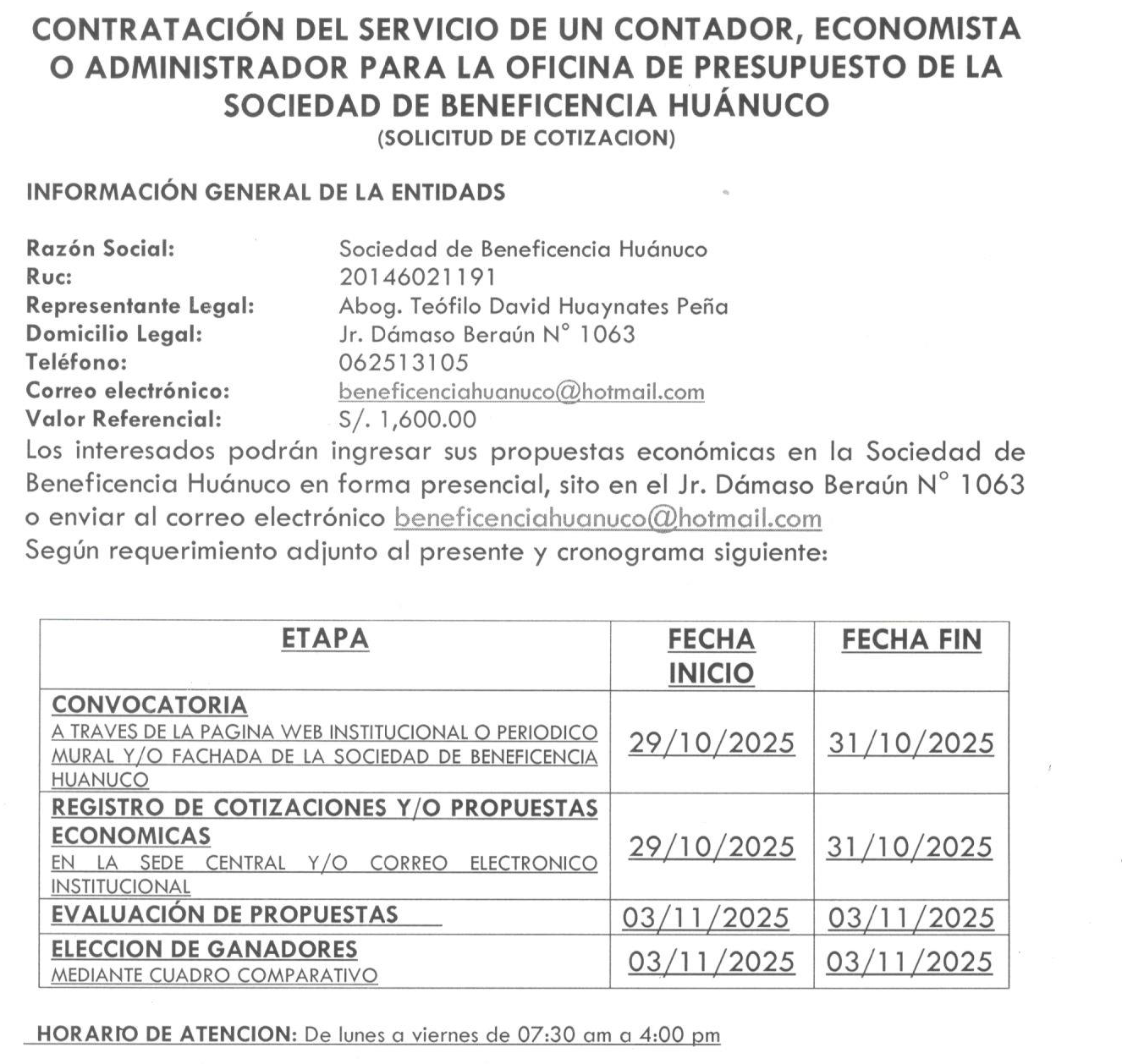CONTRATACIÓN DEL SERVICIO DE UN CONTADOR, ECONOMISTA O ADMINISTRADOR PARA LA OFICINA DE PRESUPUESTO DE LA SOCIEDAD DE BENEFICENCIA