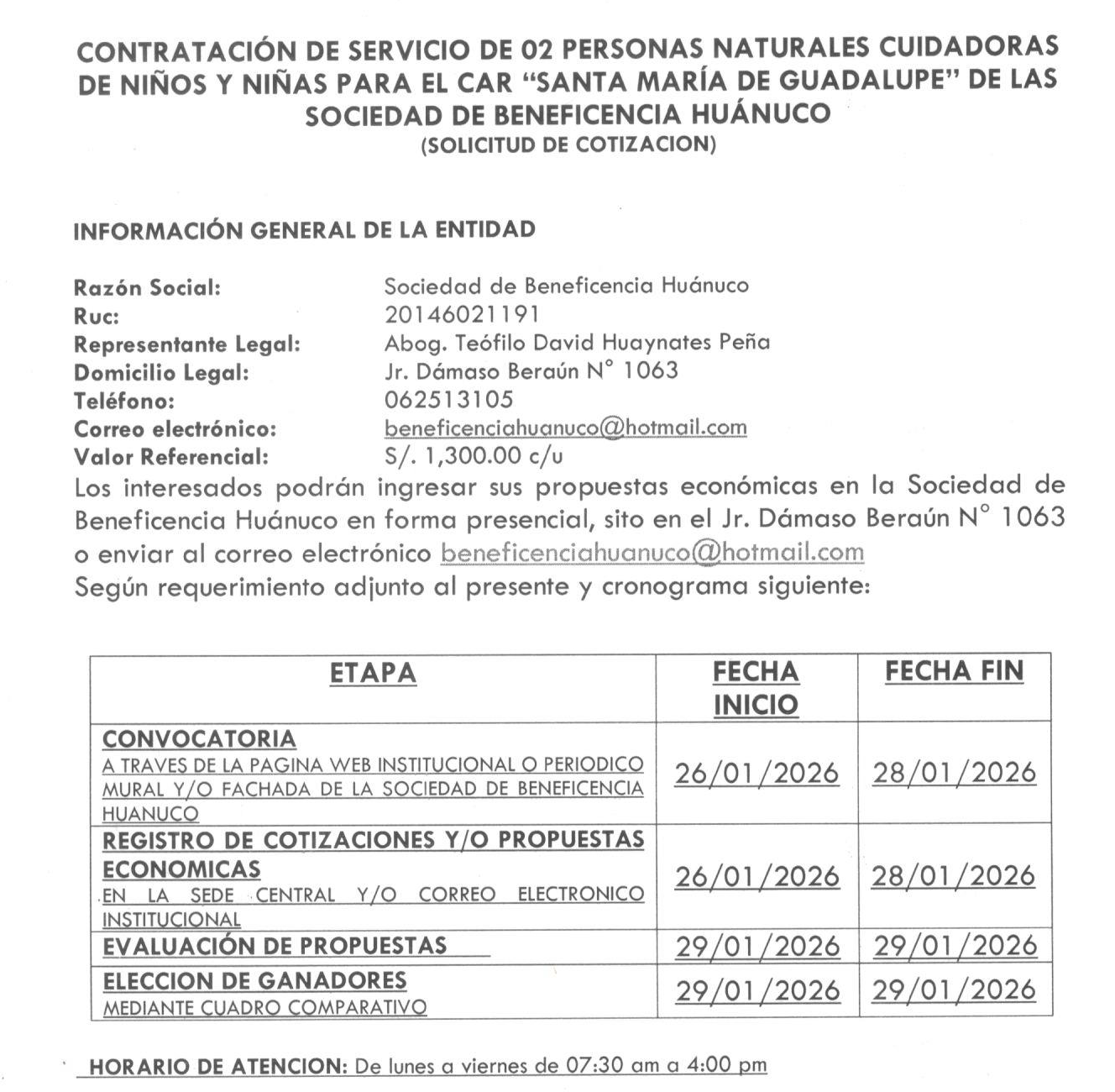 CONTRATACIÓN DE SERVICIO DE 02 PERSONAS NATURALES CUIDADORAS DE NIÑOS Y NIÑAS PARA EL CAR “SANTA MARÍA DE GUADALUPE” DE LAS SOCIEDAD DE BENEFICENCIA HUÁNUCO