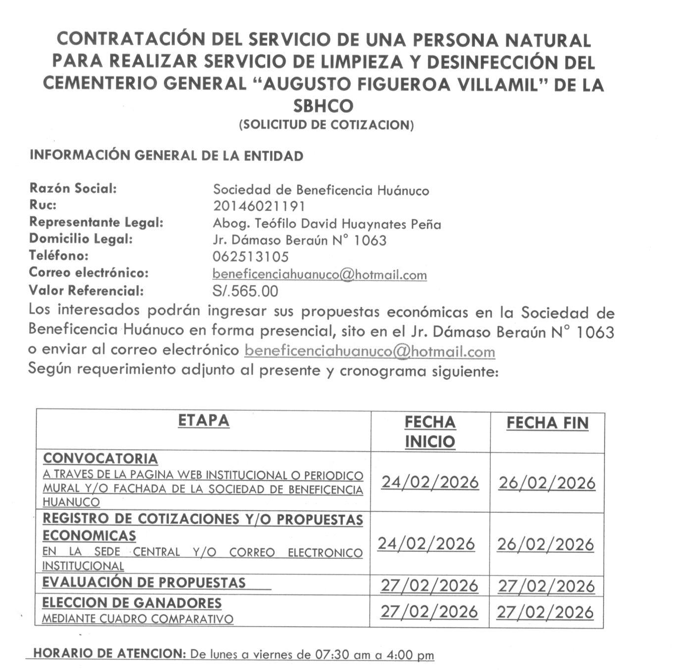 CONTRATACIÓN DEL SERVICIO DE UNA PERSONA NATURAL PARA REALIZAR SERVICIO DE LIMPIEZA Y DESINFECCIÓN DEL CEMENTERIO GENERAL “AUGUSTO FIGUEROA VILLAMIL” DE LA SBHCO