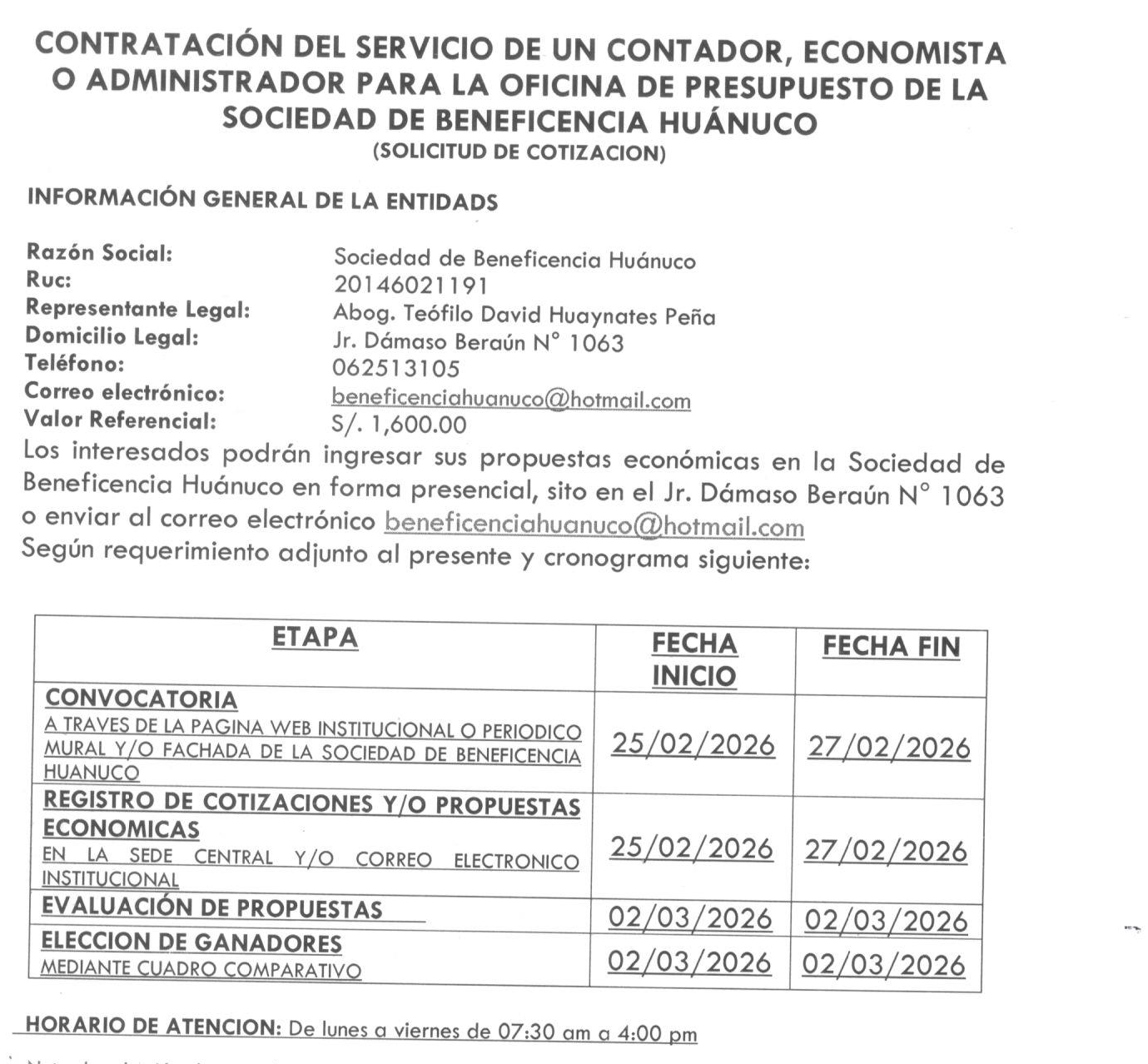CONTRATACIÓN DEL SERVICIO DE UN CONTADOR, ECONOMISTA O ADMINISTRADOR PARA LA OFICINA DE PRESUPUESTO DE LA SOCIEDAD DE BENEFICENCIA HUÁNUCO