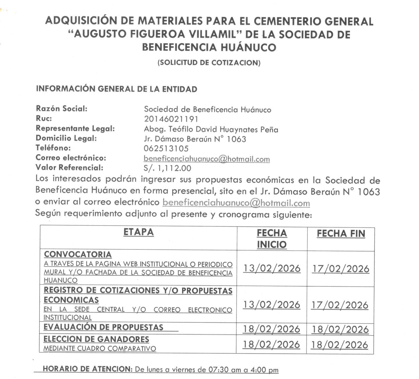 ADQUISICIÓN DE MATERIALES PARA EL CEMENTERIO GENERAL “AUGUSTO FIGUEROA VILLAMIL” DE LA SOCIEDAD DE BENEFICENCIA HUÁNUCO