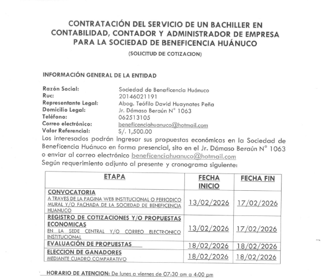 CONTRATACIÓN DEL SERVICIO DE UN BACHILLER EN CONTABILIDAD, CONTADOR Y ADMINISTRADOR DE EMPRESA PARA LA SOCIEDAD DE BENEFICENCIA HUÁNUCO