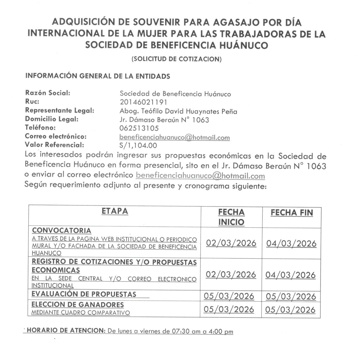 ADQUISICIÓN DE SOUVENIR PARA AGASAJO POR DÍA INTERNACIONAL DE LA MUJER PARA LAS TRABAJADORAS DE LA SOCIEDAD DE BENEFICENCIA HUÁNUCO